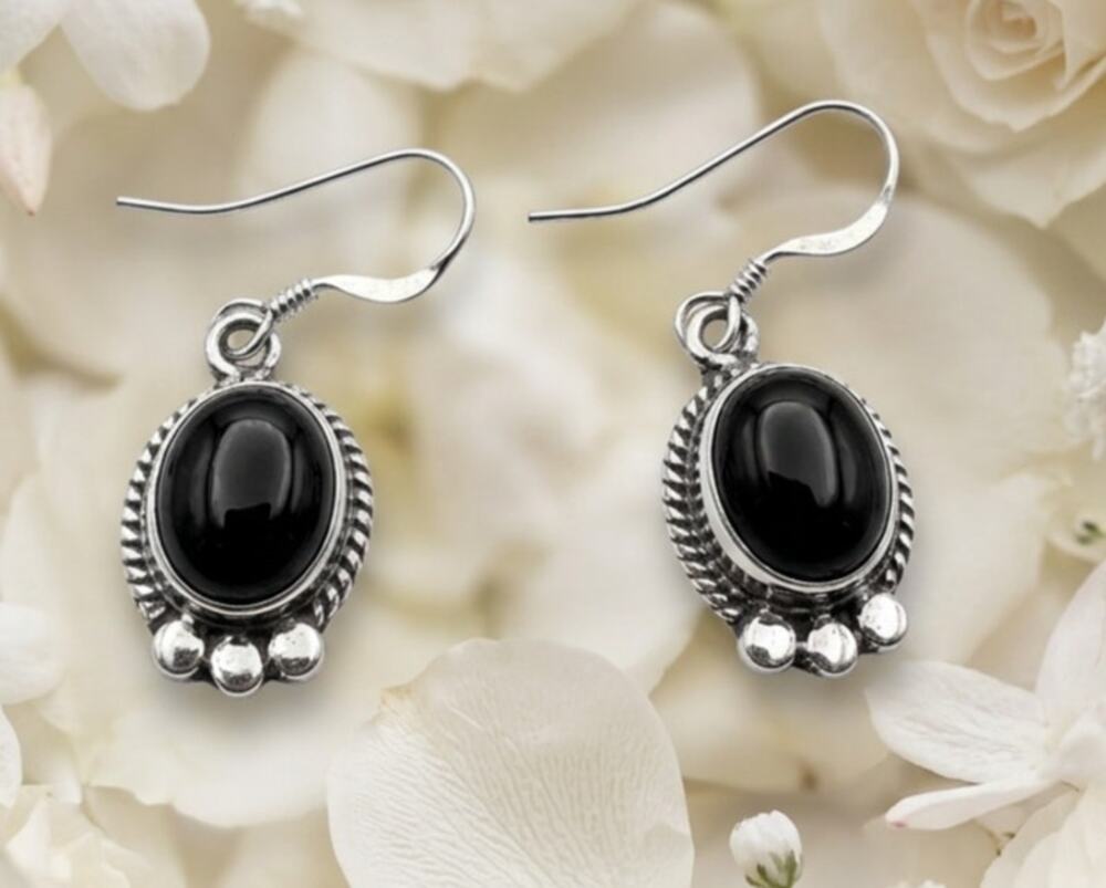 Sterling Silver Onyx Drop Dangle Art Deco Ornate Earrings 1 inch NEW